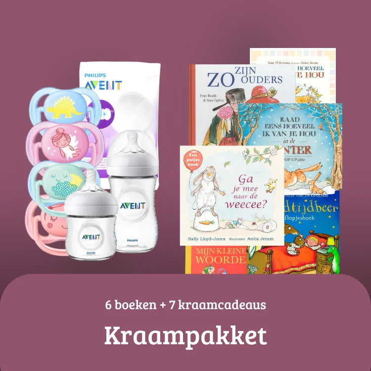 Complete kraamcadeau set met boeken en babyproducten, ideaal kraamcadeau voor kersverse ouders