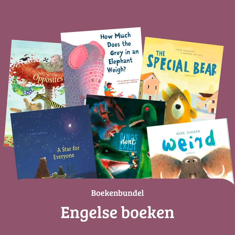 Boekenbundel met Engelse kinderboeken, netjes gestapeld en klaar om te lezen.