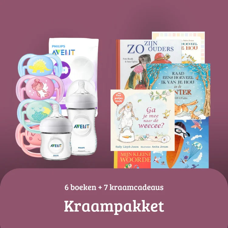 Complete kraamcadeau set met boeken en babyproducten, ideaal kraamcadeau voor kersverse ouders