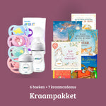 Complete kraamcadeau set met boeken en babyproducten, ideaal kraamcadeau voor kersverse ouders